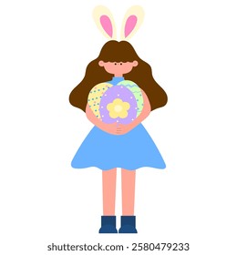 cute girl with bunny ears holding pastel easter eggs festive holiday illustration