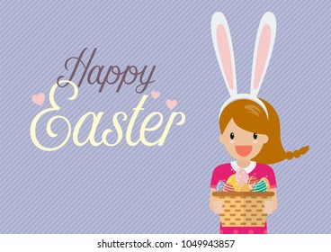 Cute girl with bunny ears mask holding basket full of easter eggs. Flat style design greeting card