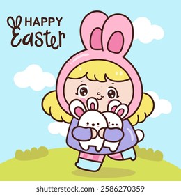 Cute girl bunny easter hug two rabbits. Kawaii animals Egg hunting (whimsical characters). Pet farm Spring activities holiday. Make a wish for baby t shirt fairy tale book, celebration party, greeting