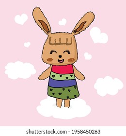 Cute girl bunny on cloud with white heart.Happy bunny vector cartoon.