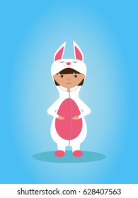 Cute girl in bunny onesie illustration. Vector. Pretty girl smiling. Little girl in a cute onesie for postcards, birthday cards, backgrounds and etc.