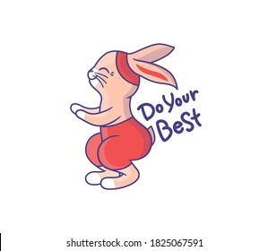 The cute girl Bunny in sport style. Cartoon rabbit does fitness exercises. Animal is doing a sit-up during a work-out. Good for t-shirt designs, etc. Vector illustration with lettering