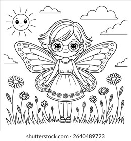 Cute girl with butterfly wings in a flower meadow