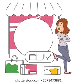 Cute girl buying clothes offline store. Funny people. Illustration concept template for website, web landing page, banner, presentation, social, poster, promotion or print media.