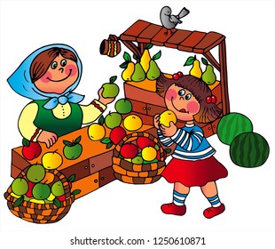 Cute girl is bying an apple from the market. Apples, bird, woman, market, countyside. Colored vector for card or gift.