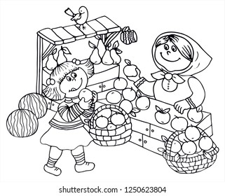 Cute girl is bying an apple from the market. Apples, bird, woman, market, countyside. Black and white vector for card or gift, for coloring.