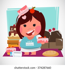 cute girl with cake and desert - vector illustration