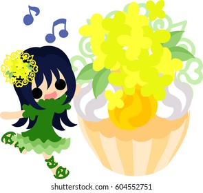 A cute girl and a cake of yellow flowers