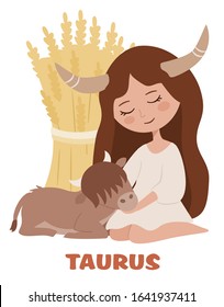 Cute girl with a calf. Taurus zodiac sign concept for horoscope. Beautiful vector illustration.