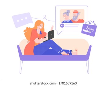 Cute girl call grandparents from a laptop. Online chat, video call, remote communication with relatives. Quarantine and self-isolation. Vector flat illustration.