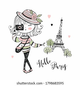 Cute girl with a camera in Paris. Travel. Vector