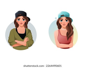 Cute Girl in einer Mütze, Vektorgrafik. Das Mädchen überquerte die Arme, legte