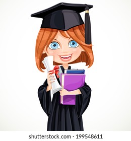 Cute girl in cap and gown graduate holding a scroll diploma and schoolbooks