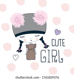 cute girl in cap on polka dots background vector illustration