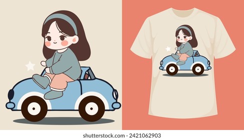 cute girl and car original illustration, for varous print