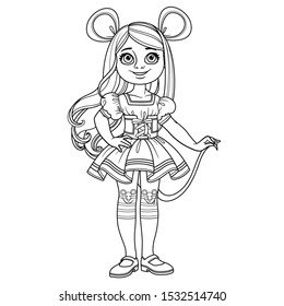 Cute girl in carnival costume mouse or rat outlined for coloring page