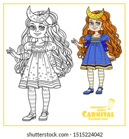 Cute girl in carnival costume New year's night color and outlined for coloring page