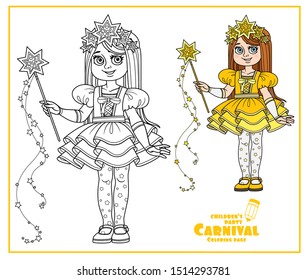 Cute girl in carnival costume of a star with magic wand and tiara from stars color and outlined for coloring page