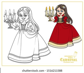 Cute girl in carnival costume vampire with a candlestick in hand color and outlined for coloring page