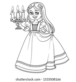 Cute girl in carnival costume vampire with a candlestick in hand outlined for coloring page