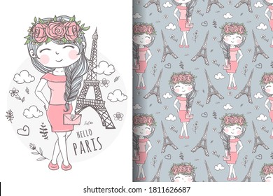 cute girl carrying bag in paris illustration and pattern