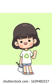 Cute girl carrying cloth bag, kawaii cartoon in chibi and minimal style, isolated vector illustration for help our earth concept