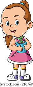 The cute girl is carrying a small vase and planted plant of illustration