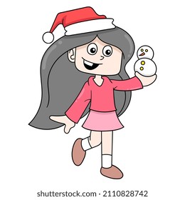 cute girl carrying snowman doll, vector illustration art. doodle icon image kawaii.