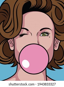 Cute Girl Cartoon with Bubble Gum. Girl Facial Expression Vector Icon Illustration, Isolated on Premium Vector.