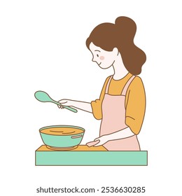 Cute Girl Cartoon Character is Cooking with Pan in Kitchen