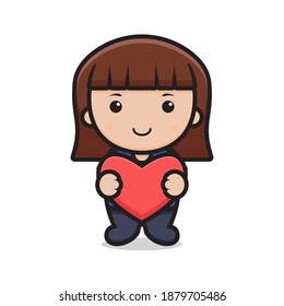 cute girl cartoon character holding heart. design isolated on white background