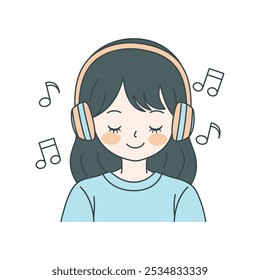 Personagem de Desenho Animado Menina Bonito Ouvindo Música com Fone de Ouvido