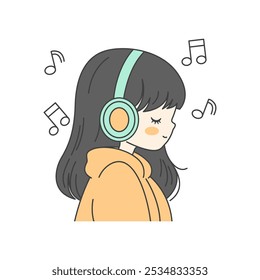 Personagem de Desenho Animado Menina Bonito Ouvindo Música com Fone de Ouvido