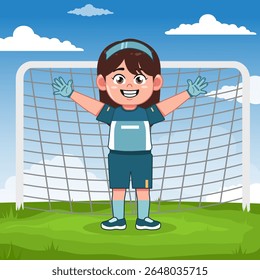 Cute Girl Cartoon Character Playing Football Keeper