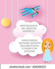Cute girl cartoon character. Vector Paper art of cloud and plane flying in the sky. Template advertising brochure with space for text. Origami concept Banner. Banner with funny cartoon kids