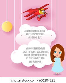 Cute girl cartoon character. Vector Paper art of cloud and plane flying in the sky. Template advertising brochure with space for text. Origami concept Banner. Banner with funny cartoon kids