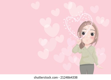 Cute girl cartoon character wearing a light green long sleeved shirt with fur pattern and holding hand gesture writing heart symbol with many little hearts encircled on light pink background