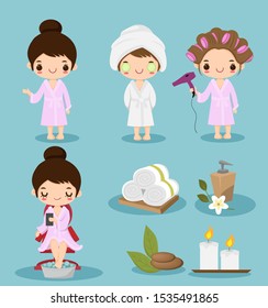 cute girl cartoon doing spa therapy collection set