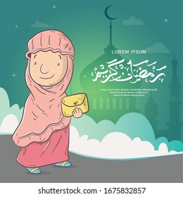 cute girl cartoon go to the mosque to do tarawih prayer in the month of Ramadan, arabic calligraphy means happy fasting ramadan