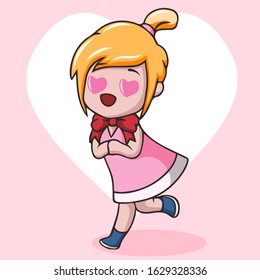 Cute girl cartoon with heart shaped eyes falling in love