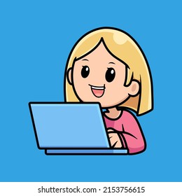 cute girl cartoon with laptop design illustration