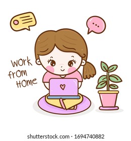 Cute Girl cartoon with laptop sitting Work from home vector (Kawaii vector): Series Girly doodles sweet pastel. Can use for backgrounds isolated on white background, infographics. Flat style.