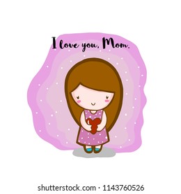 Cute girl cartoon with I love you mom vector illustration.