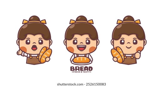 Cute girl cartoon mascot with bread, in various expressions. design template, logo, sticker, cartoon identity, icon, etc.