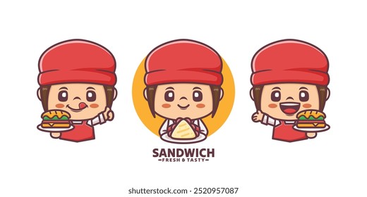 Cute girl cartoon mascot with sandwich, in various expressions. design template, logo, sticker, cartoon identity, icon, etc.