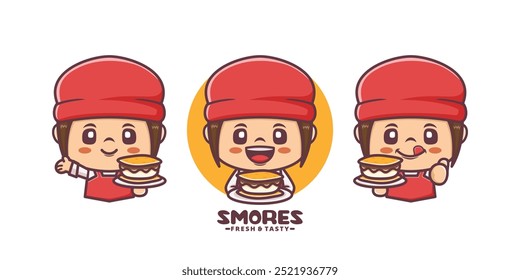 Cute girl cartoon mascot with s'mores, in various expressions. design template, logo, sticker, cartoon identity, icon, etc.