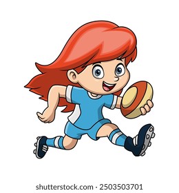Cute girl cartoon playing rugby