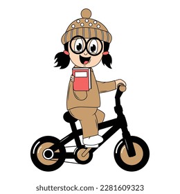 cute girl cartoon ride bicycle graphic