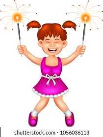 cute girl cartoon standing bring two fireworks with smile happiness