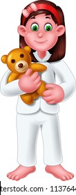 cute girl cartoon standing bring doll with smile